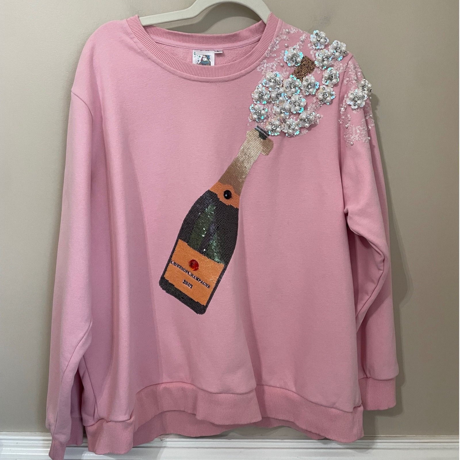 Queen Of Sparkles Sz L Popping Champagne Sequin Sweatshirt Pearls Rhinestones